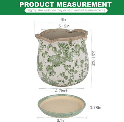 Ceramic-Planters-for-Indoor-Plants with Saucer, 6 inch Vintage Ice Crack Glaze Plant Pots with Drainage Holes, Decorative Flower Pots for Outdoor Garden Home Decor, Tuscan Pot for Plant