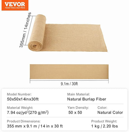 VEVOR Burlap Fabric Roll, 14” x 30 ft High Density Natural Jute Fiber Material for Outdoor Plant Care, Tree Wrap Roll, Decor, DIY Crafts, Wedding, Garden Weed Barrier, Plants & Trees Winter Covering