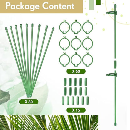 meekoo 30 Pcs Adjustable Garden Plant Support Stakes Single Stem Plant Cage Support Rings with Clips and Connect Pipe for Orchid Rose Tomato, 12 Inch (Green)