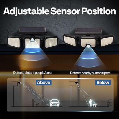 VIVOHOME Solar Flood Lights Outdoor, 256 LED 2500LM Motion Sensor Lights, 3 Adjustable Heads Security Lights, IP65 Waterproof, 270° Wide Lighting Angle Solar Powered Lights for Porch, Yard