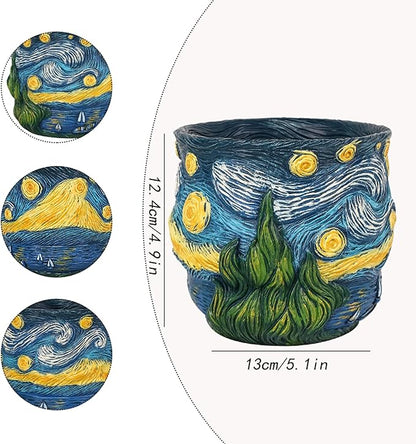 Starry Night Planter Pots Van Gogh Inspired Acolorful Art Flower Pot with Artistic Brushstroke Design Resin Funky Vase for Home Balcony Decoration