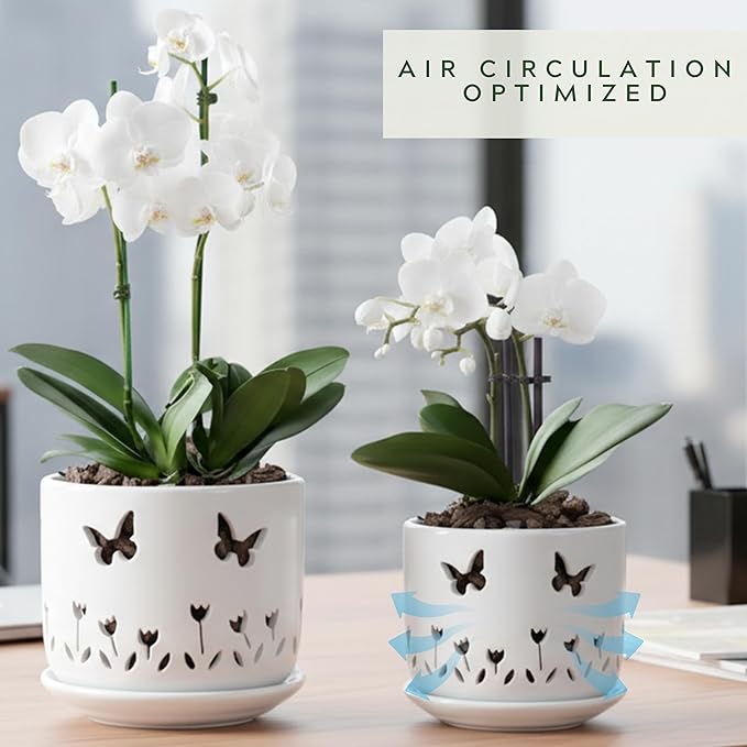2 Pack, 5 + 6 Inch White Orchid Pots with Butterflies and Tulips Holes and Saucer, Ceramic Orchid Planters for Repotting with Drainage Holes and Tray Indoor Outdoor, Butterfly Gift