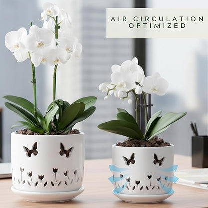 2 Pack, 5 + 6 Inch White Orchid Pots with Butterflies and Tulips Holes and Saucer, Ceramic Orchid Planters for Repotting with Drainage Holes and Tray Indoor Outdoor, Butterfly Gift