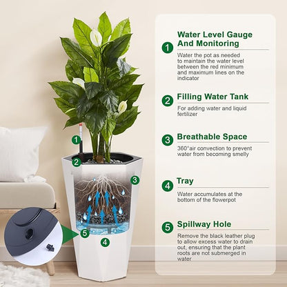 GarveeLife 22.5 in Tall Diamond Planters Set of 2, Self Watering Planters with Water Level Monitor, Flower Pots Outdoor and Indoor for Patio, Porch, Living Room, Home Office, White