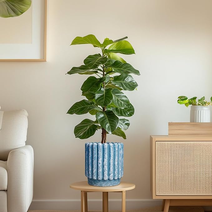Ceramic Planter - 7.6 Inch Ceramic Plant Pots with Drainage Hole, Decorative Flower Pots for Indoor Outdoor, Fluted Round Planter, Room Home Decor, Plant Lover Gifts for Women, Blue