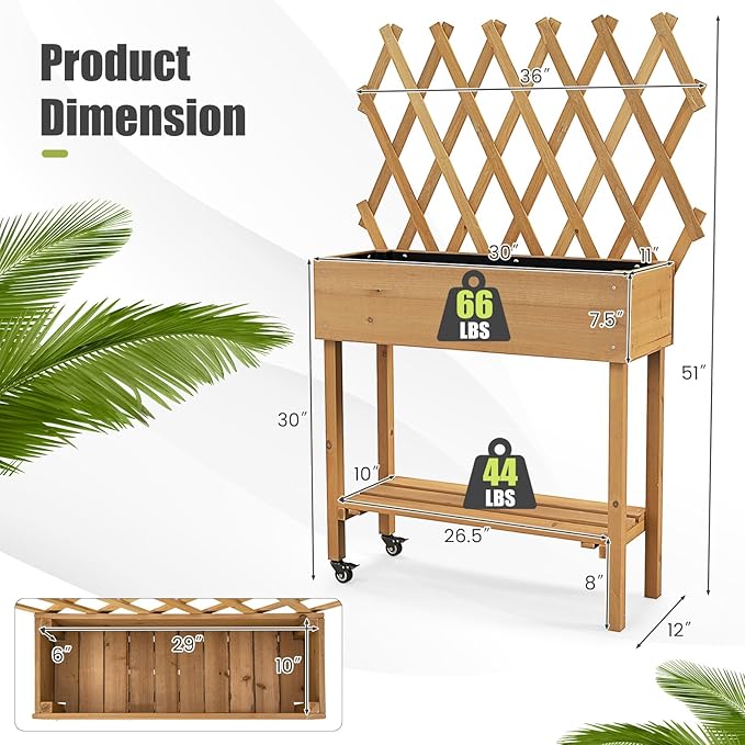 Raised Garden Bed with Trellis, Fir Wood Elevated Planter Bed with Legs, 2 Lockable Wheels & Storage Shelf, Wooden Planter Box Raised Bed for Gardening, Backyard, Balcony & Greenhouse