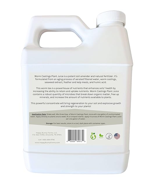 Worm Castings Tea Plant Juice - Quart. Concentrated Worm Tea with Kelp, Seaweed Extract and Humic Acid. Indoor and Outdoor Soil Restorer and Plant Fertilizer for All Vegetation with Soil.