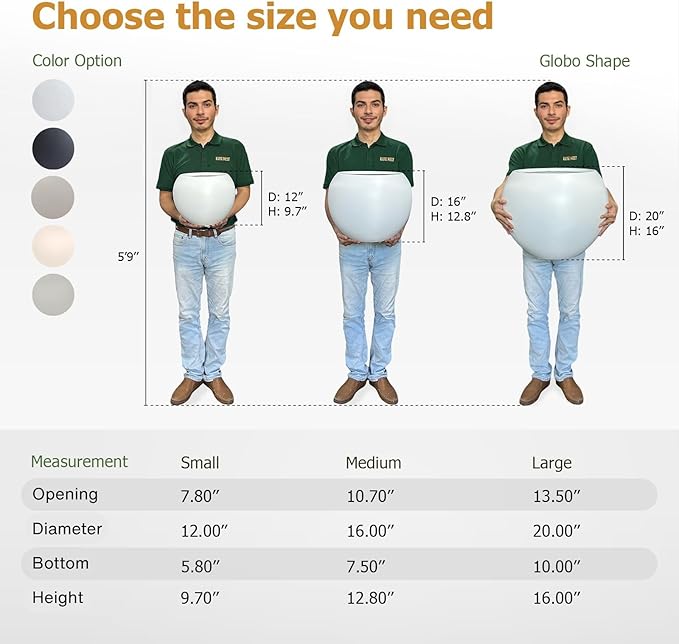 16" H x 20" D Globo Fiberstone Round Planter with Drainage Hole, Smooth Finishes, Weather Resistant for Indoor and Outdoor Use, Included 2 Extra Coco Mats (White, 13.5" Pot Opening)