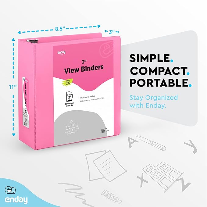 3 Inch 3 Ring Binder Pink, Slant D-Ring 3” Clear View Cover with 2 Inside Pockets, Heavy Duty Colored School Supplies Office and Home Binders – by Enday