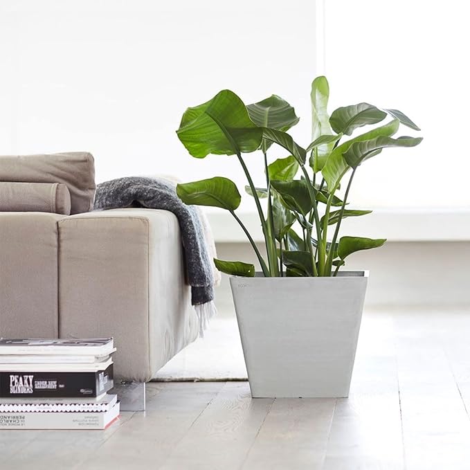 Ecopots Rotterdam Durable Modern Square Indoor/Outdoor Recycled-Based Composite Flower Planter, White Grey, 15.75"