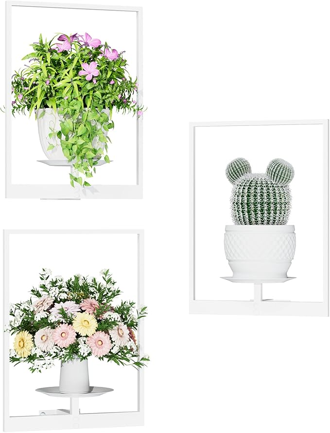 White Metal Wall Plant Holder - 3-Pack Wall Mounted Plant Stands and Hanging Holders for Indoor Planter and Flower Pot -Rectangle Decor Shelf for Plant Storage (Pot Not Included)