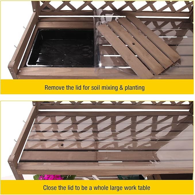 Aivituvin Potting Bench with PVC Layer, Outdoor Gardening Work Bench with Sink & Lid, Wooden Planting Table for Outside with Storage, Drawer, Shelf, Hook