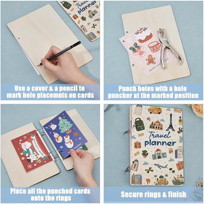 SUPERDANT Travel Planner Greeting Card Organizer Travel Journal Card Keeper Vacation Planner Cards Holder Wooden Keeper Binder Photo Album 2-Rings Cover 2-Rings Cover with Punch and 20 Inner Pockets