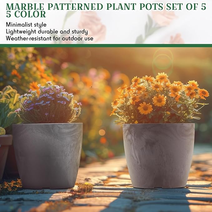 5 Pack Flower Pots 5 Inch Outdoor Plant Pots for Indoor Marble Pattern Plastic Tree Planters with Drainage Holes Gardening Gifts for Patio Home Garden Desk Decoration