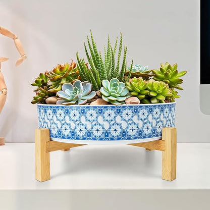 ARTKETTY Succulent Pots - 11 Inch Large Plant Pots Ceramic Bonsai Pots with Drainage Stand, Shallow Succulent Planters for Indoor Plants Decorative Flower Cactus Planter Bowl