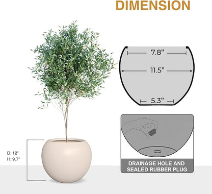 9.7" H x 12" D Globo Fiberstone Round Planter with Drainage Hole, Smooth Finishes, Weather Resistant for Indoor and Outdoor Use, Included 2 Extra Coco Mats (Kilim Beige, 7.8" Pot Opening)