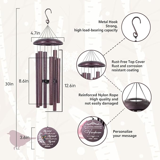 ASTARIN 36" Large Deep Tone Personalized Sympathy Wind Chimes, Memorial Wind Chime for Loss of Mother Father Loved One, Bereavement Gifts Decor Outdoor Patio Garden Graveyard, Produced in USA