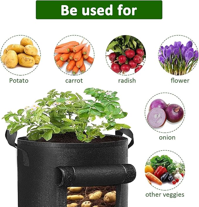 AA003-7 3-Pack 7 Gallon Potato Grow Bags，Garden Vegetable Planter with Handles，Grow Bags with Flap Plant Container Planter Pot for Potato Tomato and Vegetables ，Black, Beige and Green.