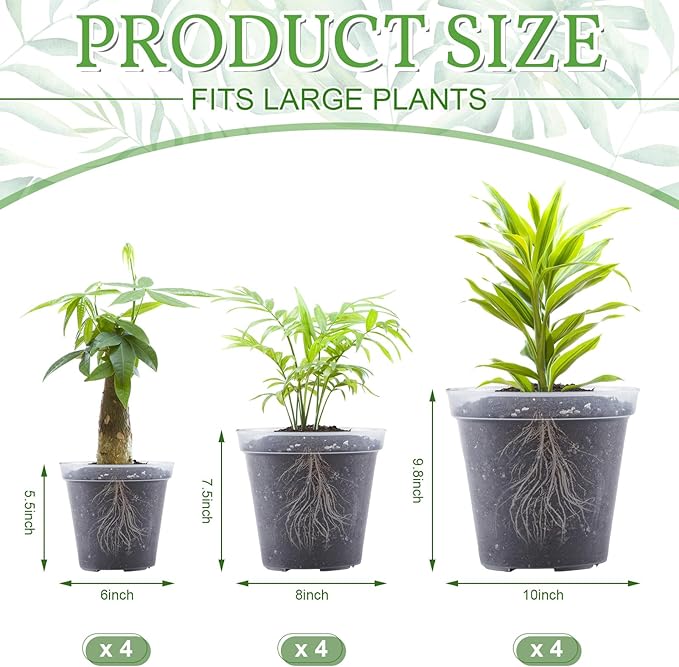 Vesici 12 Pcs 6/8/10 Inch Large Size Clear Nursery Pots Variety Pack Plant Pots with Drainage Holes Planters for Indoor Plants Flexible Transparent Plastic Plant Bottle Succulents
