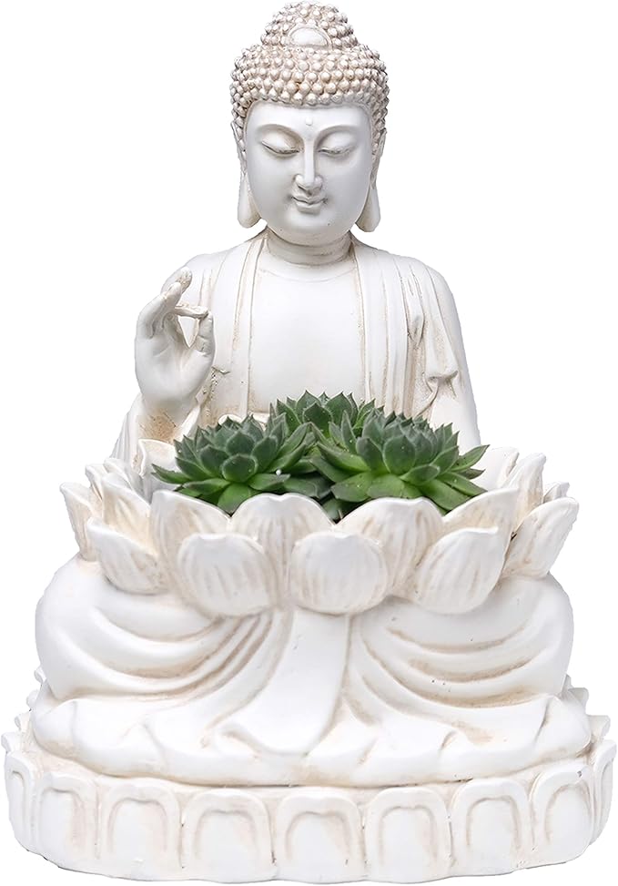 Buddha Planter – 9.5" Tall Polyresin - Zen Plant Pot Holder for Succulent, Flower, Cactus - Garden Lotus Statue Indoor or Outdoor Decor