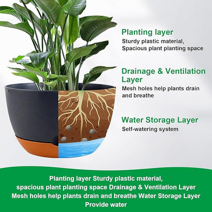 12/10/8/8 Inch Pots for Plants, 4 Pack Large Self Watering Pots for Indoor Plants with Drainage and Saucers, Plastic Outdoor Flower Pot(Grey)