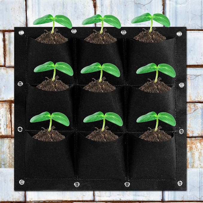 Plant Pocket, 9 Pocket Vertical Greening Hanging Wall Garden Grow Plant Bags Planter, Great for Growing Herbs, Flowers and Vegetables at Window(Black)