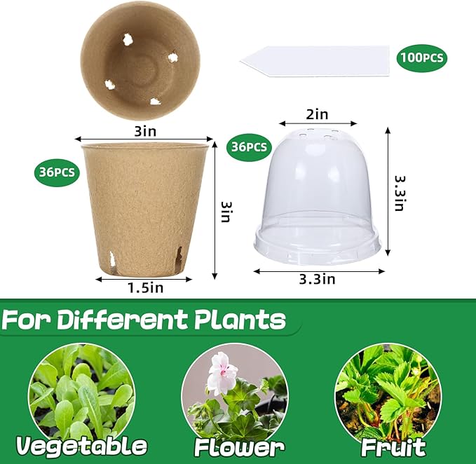 Aulock 36 Sets Plant Nursery Pots with Humidity Dome - 3in Seed Starting Pots, Round Peat Pots with 100 Labels for Garden Flowers Herbs Vegetables Seedlings