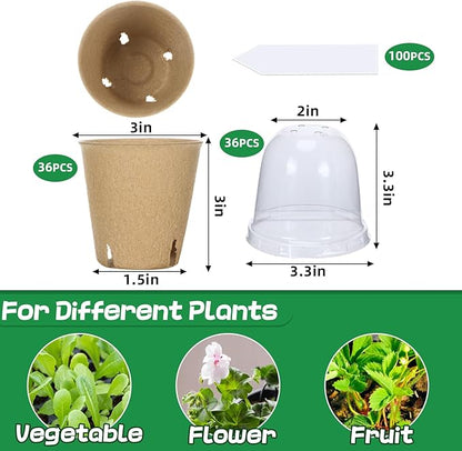 Aulock 36 Sets Plant Nursery Pots with Humidity Dome - 3in Seed Starting Pots, Round Peat Pots with 100 Labels for Garden Flowers Herbs Vegetables Seedlings