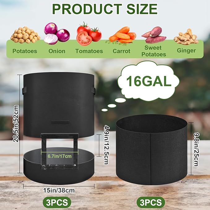 succulentlovers 3Pack 16 Gallon Potato Grow Bags with 360° Visibility, Plant Grow Bags Heavy Duty Thickened Nonwoven Fabric with Handles and Harvest Window Access Flap for Planting Vegetables Flowers