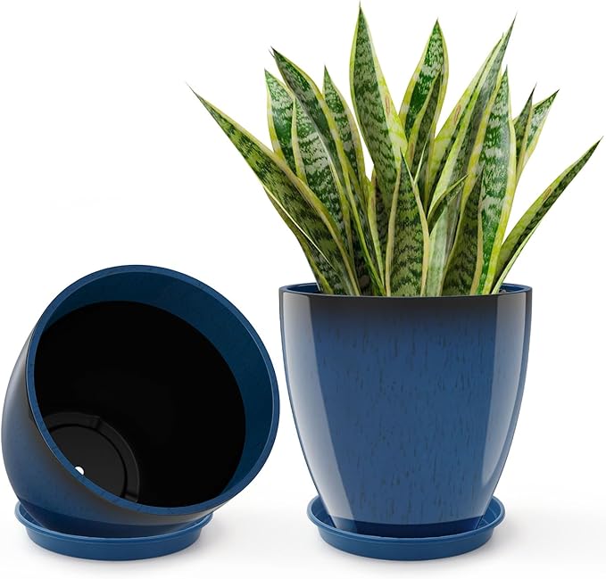 GameXcel Flower Pot Indoor - Outdoor Plant Pot - Navy Blue Glossy Planter - Elegant Ceramics Imitation - 12" Diameter 12" Tall with Drainage Holes and Saucer 2 Pack