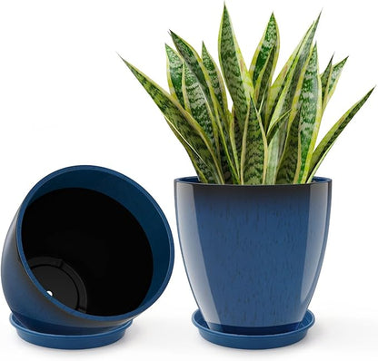 GameXcel Flower Pot Indoor - Outdoor Plant Pot - Navy Blue Glossy Planter - Elegant Ceramics Imitation - 12" Diameter 12" Tall with Drainage Holes and Saucer 2 Pack