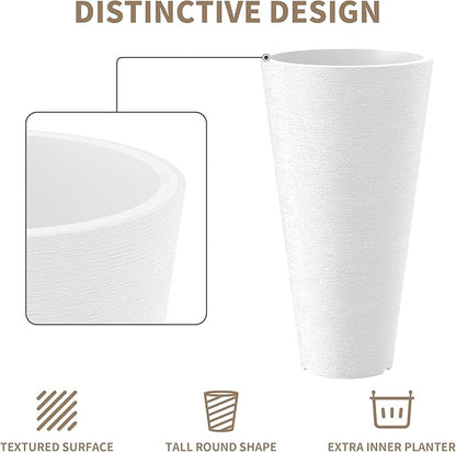 Kante Tall Round Planter Set of 2, 18 Inch Tall Decorative Planter Pots for Outdoor Indoor Garden Patio Front Porch (White)