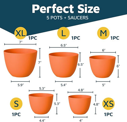 Yellow Plant Pots with Drainage Holes & Saucers 5 Pack, Indoor & Outdoor Stackable Space-Saving Planters for Houseplants & Flowers, (7", 6.7", 6", 5.3", and 4.8" Inches), Durable & Weatherproof