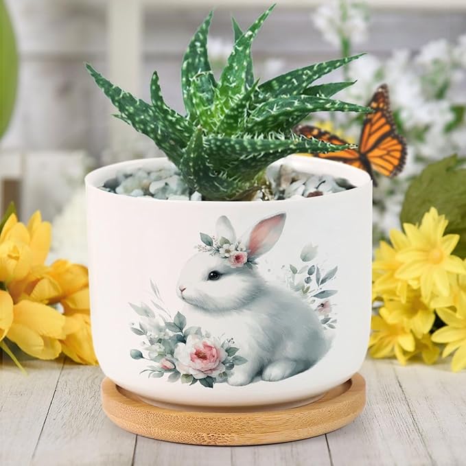 DreamAutumn Cute Easter Bunny Rabbit Ceramic Flower Pots,Gardening Plant Pot with Drainage Holes and Saucers Round Ceramic Pots for Indoor Plants Succulent Herbs Cactus Pots for Dad Papa Grandpa