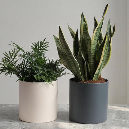 Metal Plant Pot with Drainage Hole,Mid Century Modern 7 inch Round Pot Indoor Outdoor Planters for Decorative Pots of Tabletop Living Room Bedroom Beige