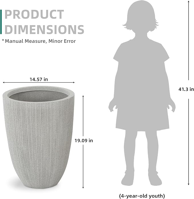 19" Tall Planter for Indoor Outdoor Plants, Set of 2 Large Flower Pot with Drainage Hole, Weather/UV-Resistant Resin Planters for Garden Patio Porch Home office Decor, Mediterranean Beige Fluted