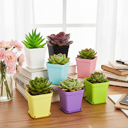 Hedume 70 Pack Mini Plastic Flower Seedling Nursery Pot with Pallet, 3" Colorful Square Plant Pot, Indoor Outdoor Flower Plant Container, Decor for Room, Garden, Office and Balcony (7 Colors)