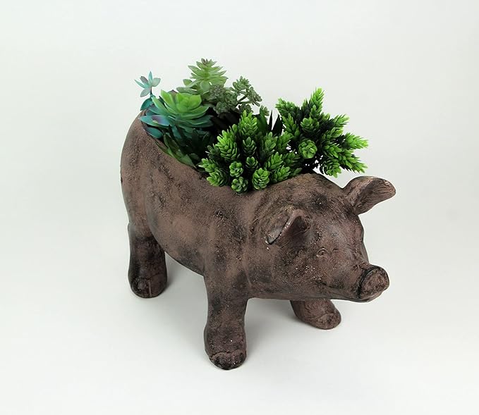 Zeckos Rustic Brown Smiling Pig Resin Decorative Planter - 17 Inches Long - Great for Flowers and Succulents - Perfect for Both Indoor and Outdoor Decor Settings