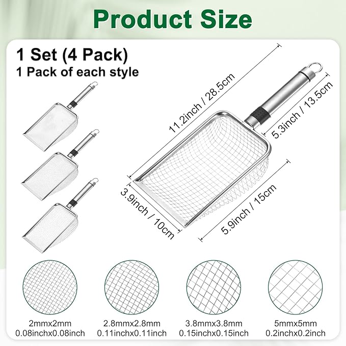 4-Pack Gardening Soil Sifter, 2.5/3.3/4/6 mm Mesh Stainless Steel Sand Soil Compost Sieve with Stainless Steel Handle for Sand/Dirt/Rock Compost [Silver Tone]