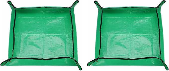 HARFINGTON 2pcs Repotting Mat 26.8" x 26.8" PE Cloth Waterproof Plant Repotting Mat Foldable Portable Gardening Potting Tray with Metal Buckle for Indoor Plant Change Soil Watering, Green