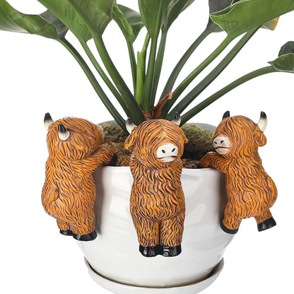 Set of 3 Flower Hugger Plant Decoration for Pot Highland Cow Resin Figurines Country Funny Animal Farmhouse Decorations for Planter Pots Hanging Farm Ornament Indoor Outdoor for Planter Lover