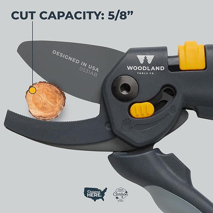 Woodland Tools Co. Heavy Duty Anvil Pruning Shears – 5/8" Cut Capacity, High Carbon Steel Blade, Internal Spring, Adjustable Grip Slider, Garden Pruner for Dry Branches, Stems, and Dead Growth