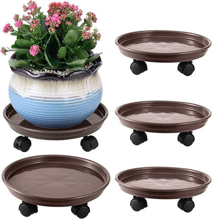 4 Packs Plant Caddy with Wheels 11.8" Plastic Rolling Plant Stands Heavy-Duty Plant Dolly with Casters Indoor Outdoor Plant Roller Base Large Saucer Tray Mover Coaster, Brown
