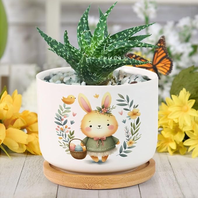 DreamAutumn Easter Bunny Rabbit Ceramic Planters Ceramic Pots with Saucers Orchid Pots for Plants Succulents Pots Office Desk Garden Balconys New Home Decor,Gifts for Mom Mother Grandmother