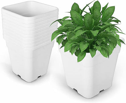 10-Pack 1 Gallon Square Planter Nursery Pots - Injection Molded Plastic Gardening Pots for Indoor & Outdoor Vegetables, Succulents, White
