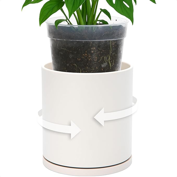 D'vine Dev Double-Layer Planter Set – Rotating Plastic Cachepot with Clear Inner Liner for Root Health, Perfect for Indoor Plants, 6.5", Oatmeal, 73-U-D-2