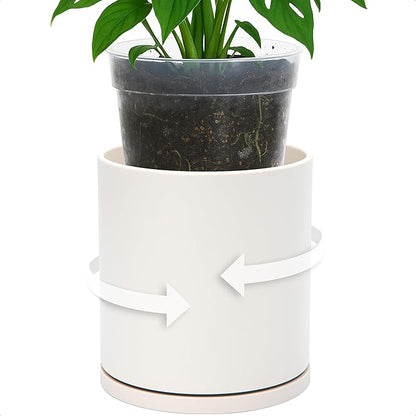 D'vine Dev Double-Layer Planter Set – Rotating Plastic Cachepot with Clear Inner Liner for Root Health, Perfect for Indoor Plants, 6.5", Oatmeal, 73-U-D-2