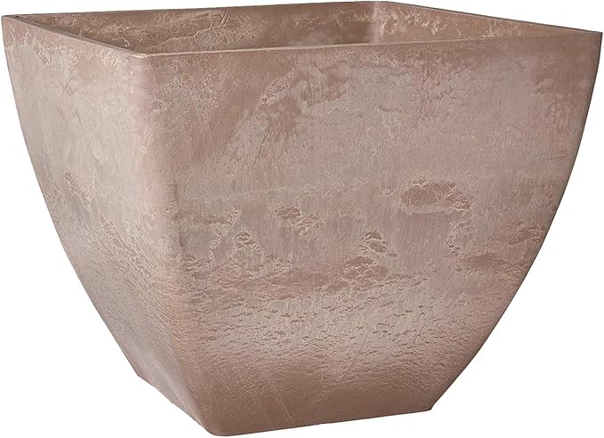 PSW Pot Collection 16x13 inch Plastic/Stone/Wood Composite Square Planter – No Drainage Hole (Drillable), Modern Indoor/Outer Pot for Flowers, Foliage, Succulents, Fairy Gardens, Taupe