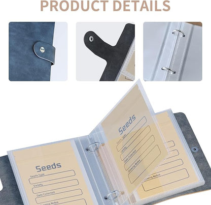 Seed Organizer Binder with 50 PCS Resealable Seed Envelopes - 50 Storage Pockets, 3.5x5 Inch Clear Sleeves, Seed Saver for Garden Lover - Cyan