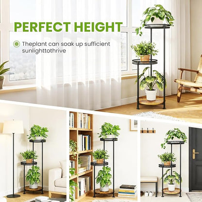 Plant Stand Indoor Outdoor,3 Tier Metal Wood Plant Stand for Multiple Plants,Black Tall Narrow Plants Display Organizer for Corner Living Room Porch Patio Garden Office